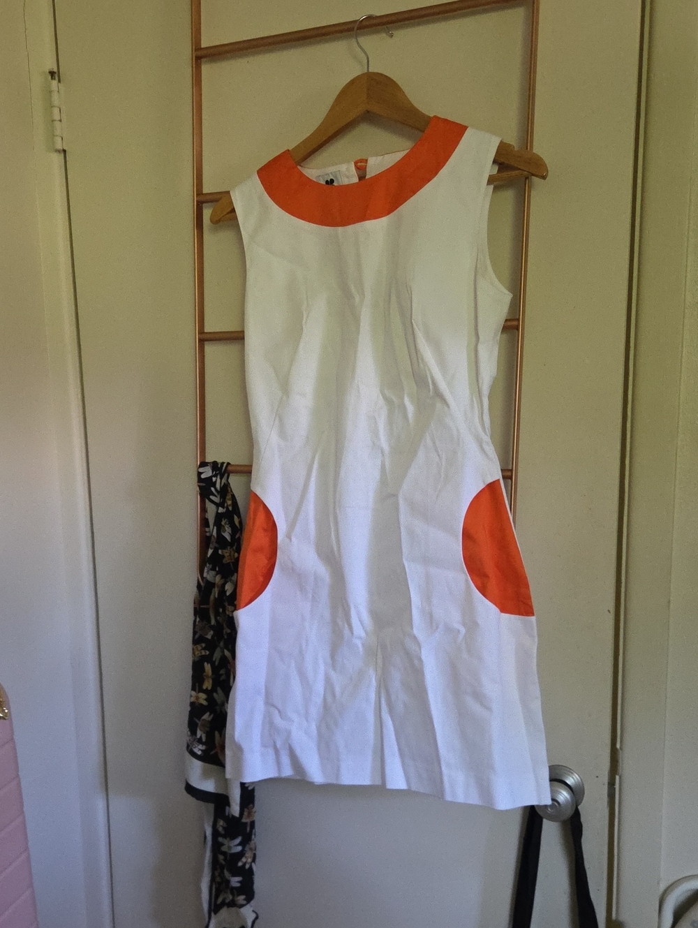 Marmalade Shop White Shift Dress with Orange Accent Collar and Pockets